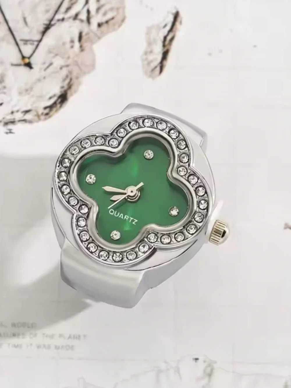 Stylish Green Quartz Women's Ring Watch with Crystal Accents